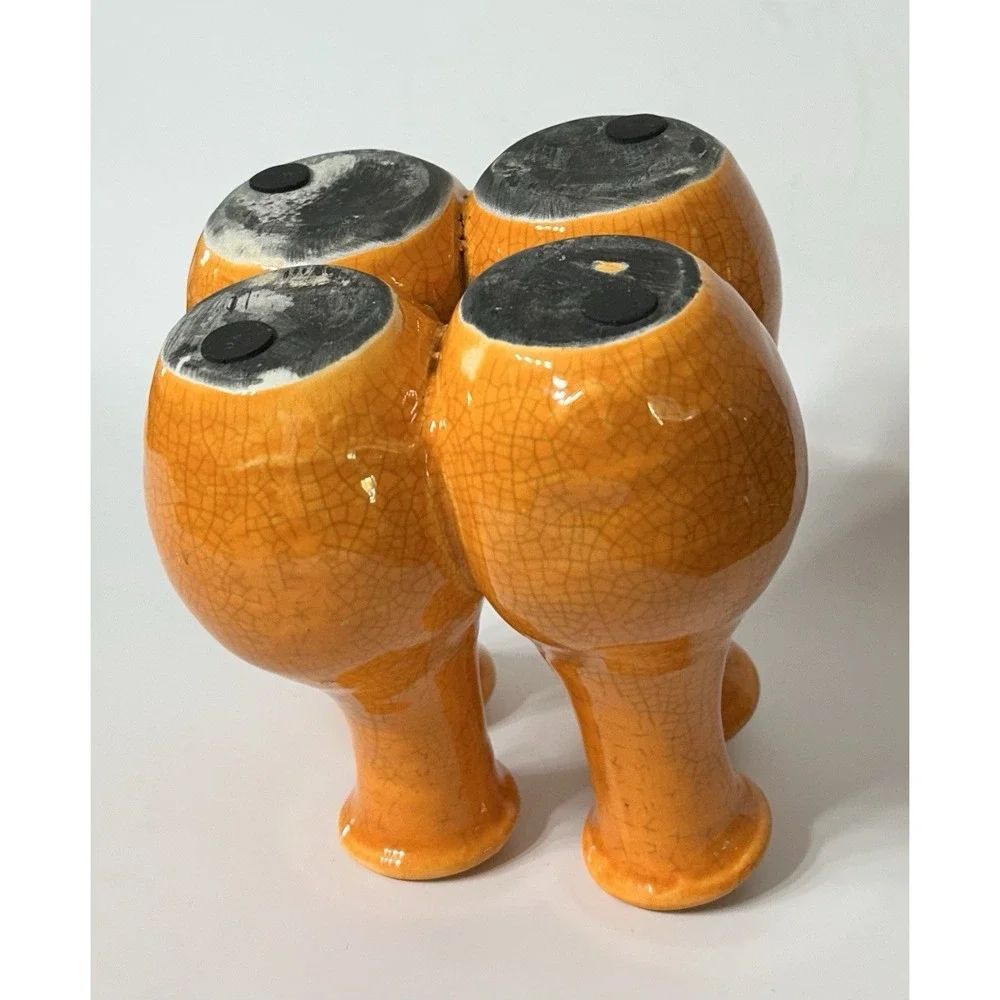 Vintage 70s Bud Vase Crackled Orange Glaze Ceramic 4 Chamber MCM Decor 7x6.5